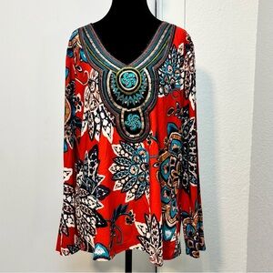 Melissa Paige Boho Embellished Tunic Peasant Top XL NWT Red Floral Paisley